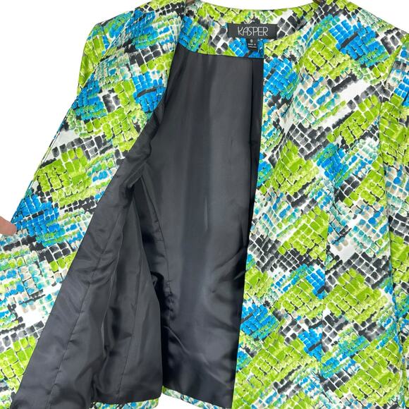Kasper Bright Blue Green Reptile Print Collarless Open Front Jacket Blazer - Picture 8 of 12